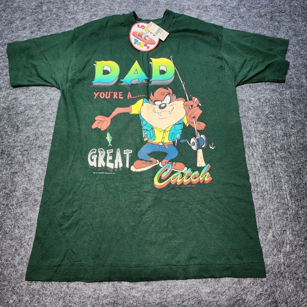 Vintage 1996 Looney Tunes Taz Dad Great Catch Fruit of the Loom Tshirt Large NEW